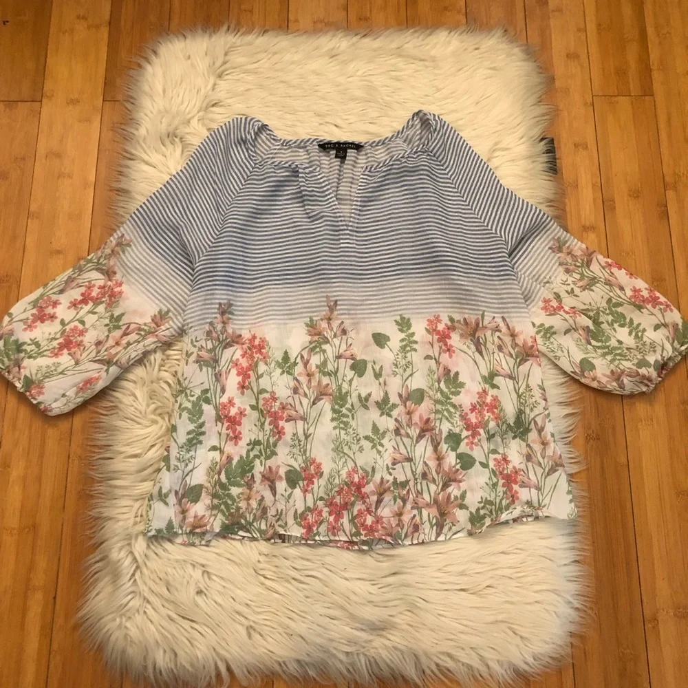 Zac & Rachel Boho Semi Sheer Peasant Floral Prints Stripe Puff Sleeves size S